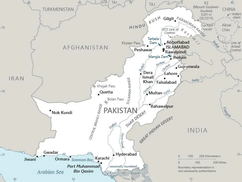 CIA World Factbook map of Pakistan, showing major cities, rivers and neighbouring countries