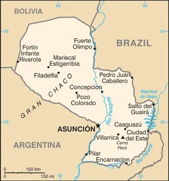 CIA World Factbook map of Paraguay, showing major cities, rivers and neighbouring countries