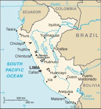 CIA World Factbook map of Peru, showing major cities, rivers and neighbouring countries