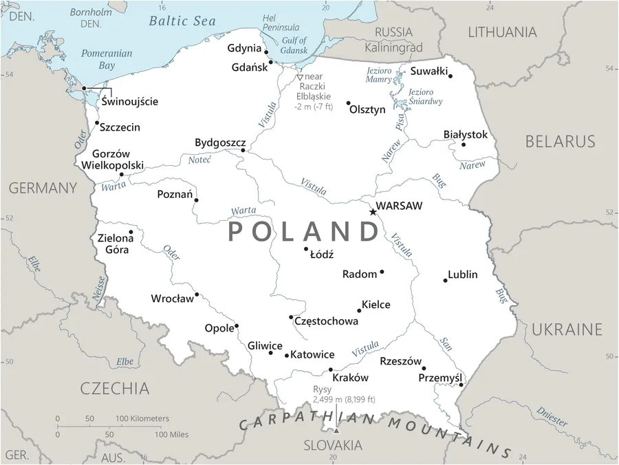 CIA World Factbook map of Poland, showing major cities, rivers and neighbouring countries
