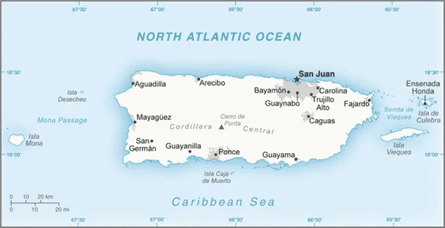CIA World Factbook map of Puerto Rico, showing major cities, rivers and neighbouring countries