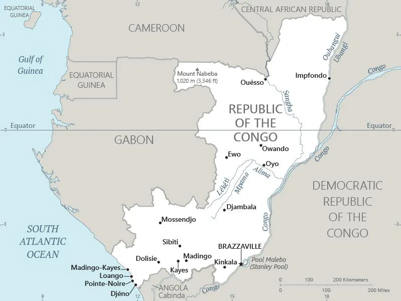 CIA World Factbook map of Republic of the Congo, showing major cities, rivers and neighbouring countries