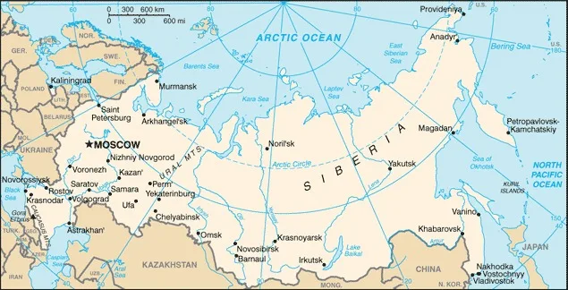 CIA World Factbook map of Russia, showing major cities, rivers and neighbouring countries