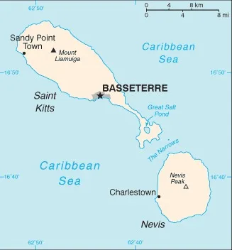 CIA World Factbook map of Saint Kitts and Nevis, showing major cities, rivers and neighbouring countries