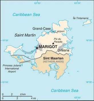 CIA World Factbook map of Saint Martin, showing major cities, rivers and neighbouring countries