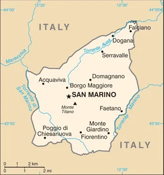 CIA World Factbook map of San Marino, showing major cities, rivers and neighbouring countries