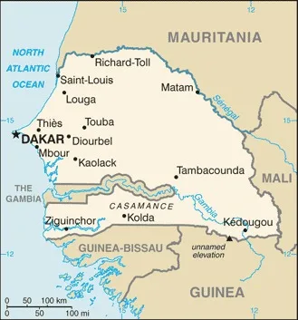 CIA World Factbook map of Senegal, showing major cities, rivers and neighbouring countries