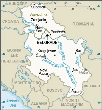 CIA World Factbook map of Serbia, showing major cities, rivers and neighbouring countries