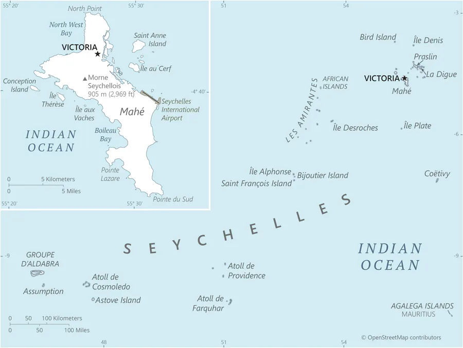 CIA World Factbook map of Seychelles, showing major cities, rivers and neighbouring countries