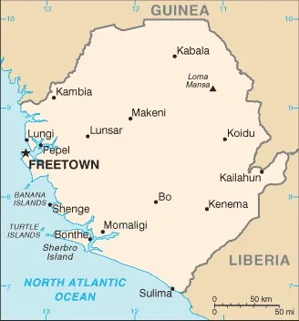 CIA World Factbook map of Sierra Leone, showing major cities, rivers and neighbouring countries