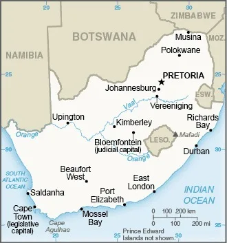 CIA World Factbook map of South Africa, showing major cities, rivers and neighbouring countries