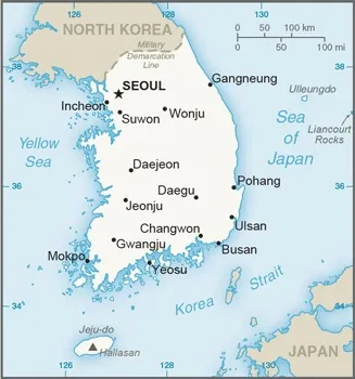 CIA World Factbook map of South Korea, showing major cities, rivers and neighbouring countries