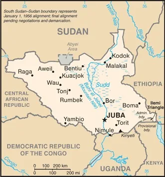 CIA World Factbook map of South Sudan, showing major cities, rivers and neighbouring countries