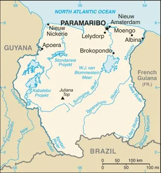 CIA World Factbook map of Suriname, showing major cities, rivers and neighbouring countries