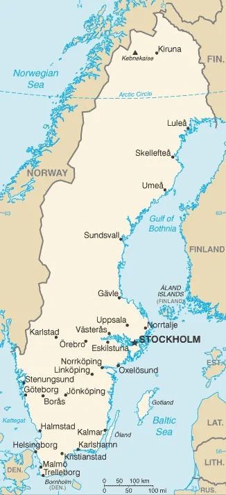 CIA World Factbook map of Sweden, showing major cities, rivers and neighbouring countries