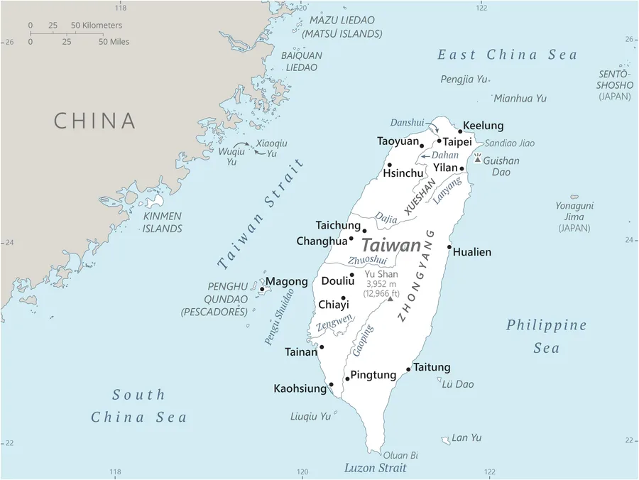 CIA World Factbook map of Taiwan, showing major cities, rivers and neighbouring countries