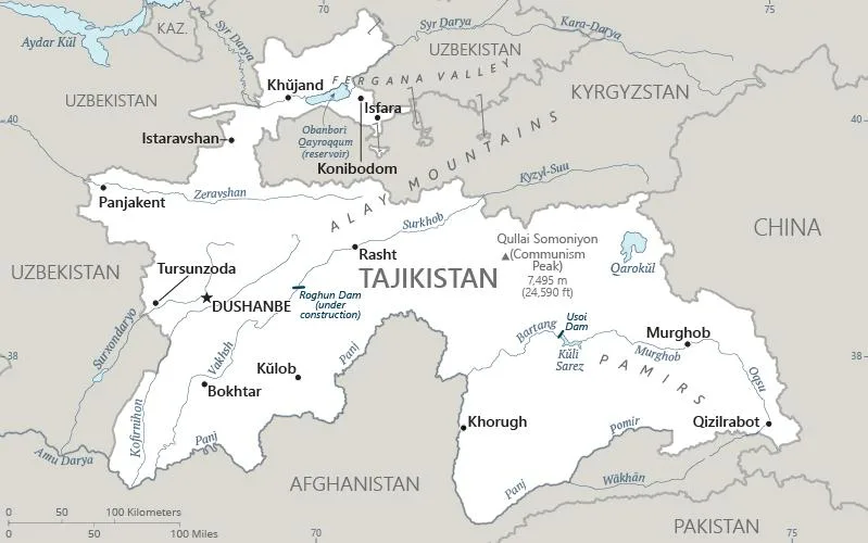 CIA World Factbook map of Tajikistan, showing major cities, rivers and neighbouring countries