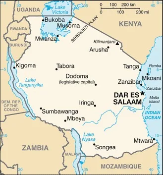 CIA World Factbook map of Tanzania, showing major cities, rivers and neighbouring countries