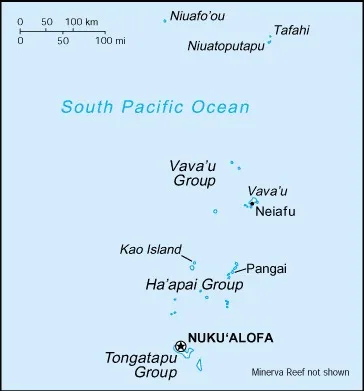 CIA World Factbook map of Tonga, showing major cities, rivers and neighbouring countries