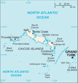 CIA World Factbook map of Turks and Caicos Islands, showing major cities, rivers and neighbouring countries