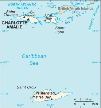 CIA World Factbook map of United States Virgin Islands, showing major cities, rivers and neighbouring countries