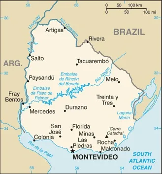 CIA World Factbook map of Uruguay, showing major cities, rivers and neighbouring countries