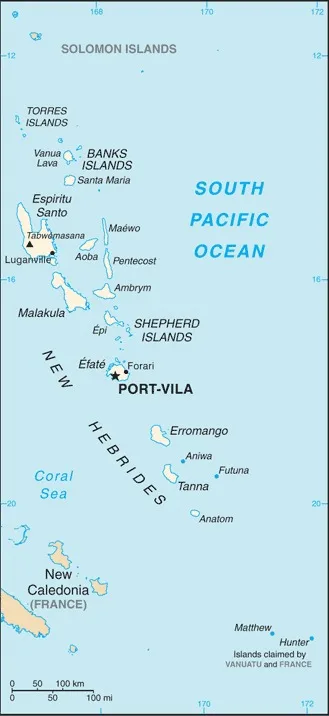CIA World Factbook map of Vanuatu, showing major cities, rivers and neighbouring countries