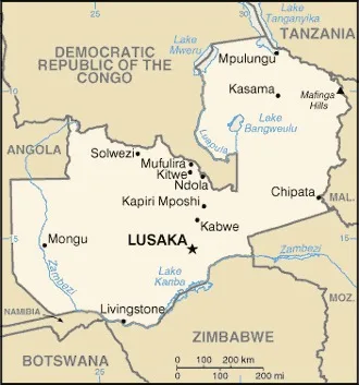 CIA World Factbook map of Zambia, showing major cities, rivers and neighbouring countries